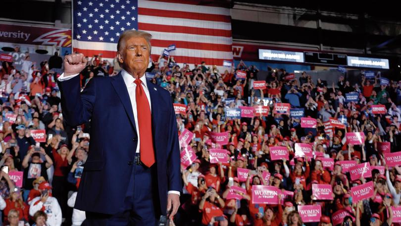 READING, PENNSYLVANIA - NOVEMBER 04: Republican presidential nominee, former President Donald Trump takes the stage during a campaign rally at the Santander Arena on November 04, 2024 in Reading, Pennsylvania. With one day left before the general election, Trump is campaigning for re-election in the battleground states of North Carolina, Pennsylvania and Michigan. (Photo by Chip Somodevilla/Getty Images)